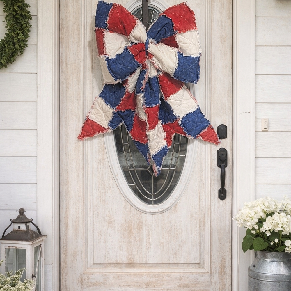Handmade Patriotic Rag Quilt Door Bow - Picture 4 of 7